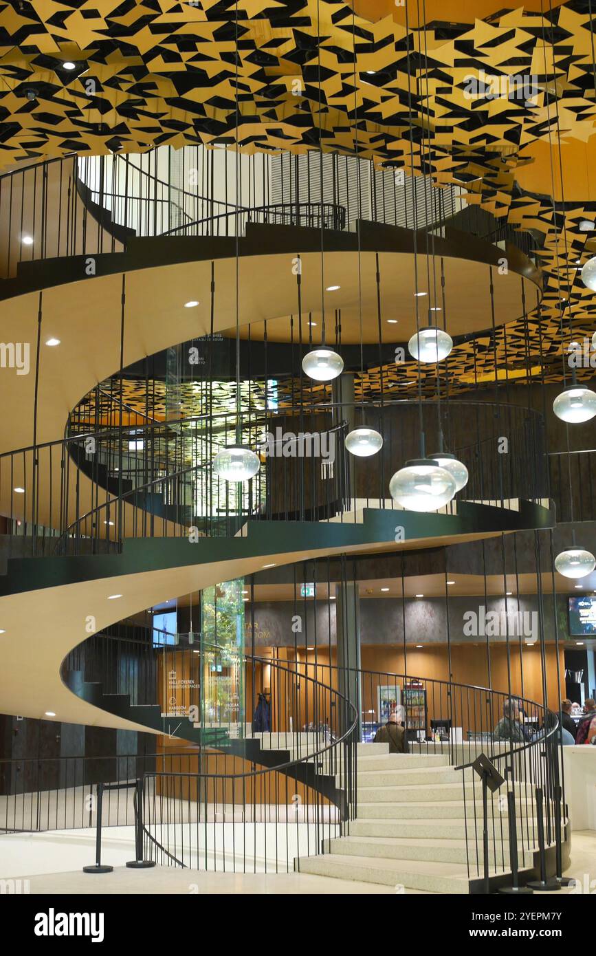 Spiral staircase inside the House of Music, designed by Sou Fujimoto, part of the Liget Project, Varosliget, City Park, Budapest, Hungary Stock Photo
