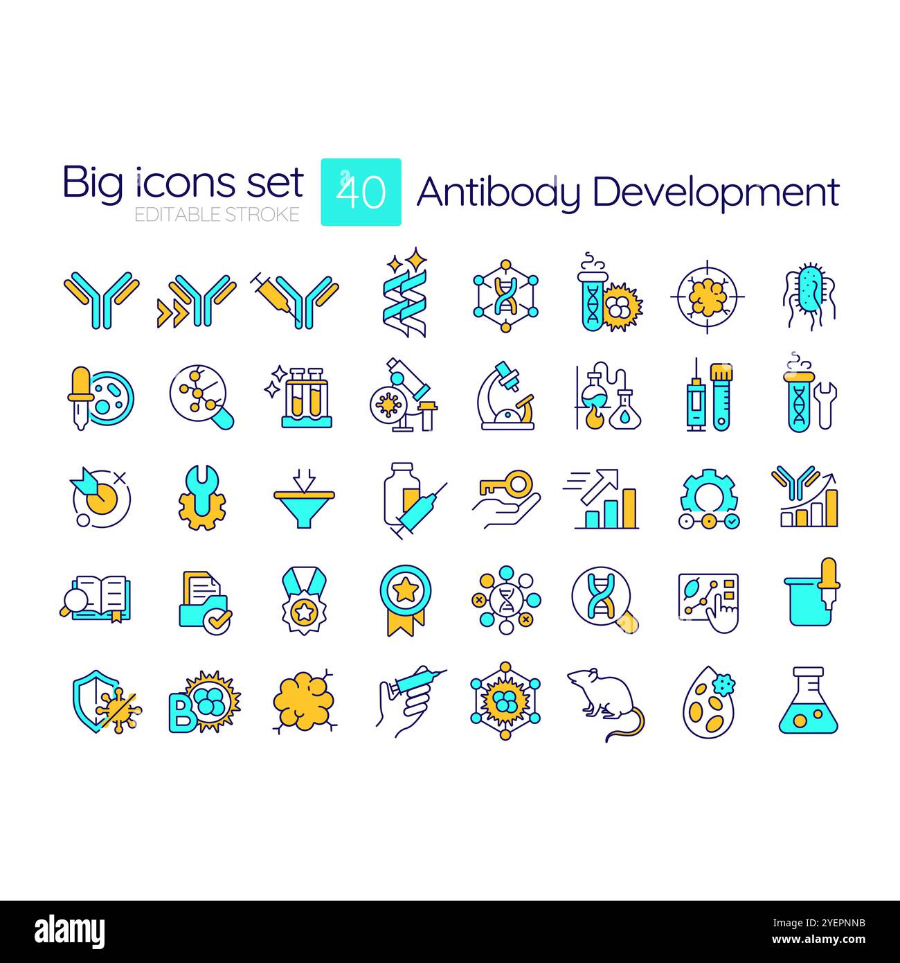 Antibody development RGB color icons set Stock Vector