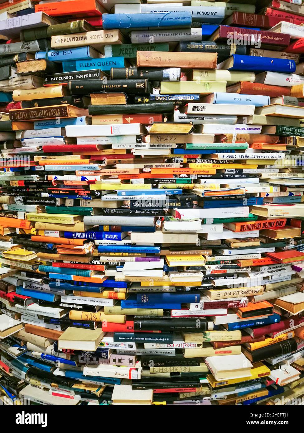 Installation called 'Idiom', a cylindrical tower of books by artist Matej Kren at the Prague Municipal Library, Prague, Czech Republic Stock Photo