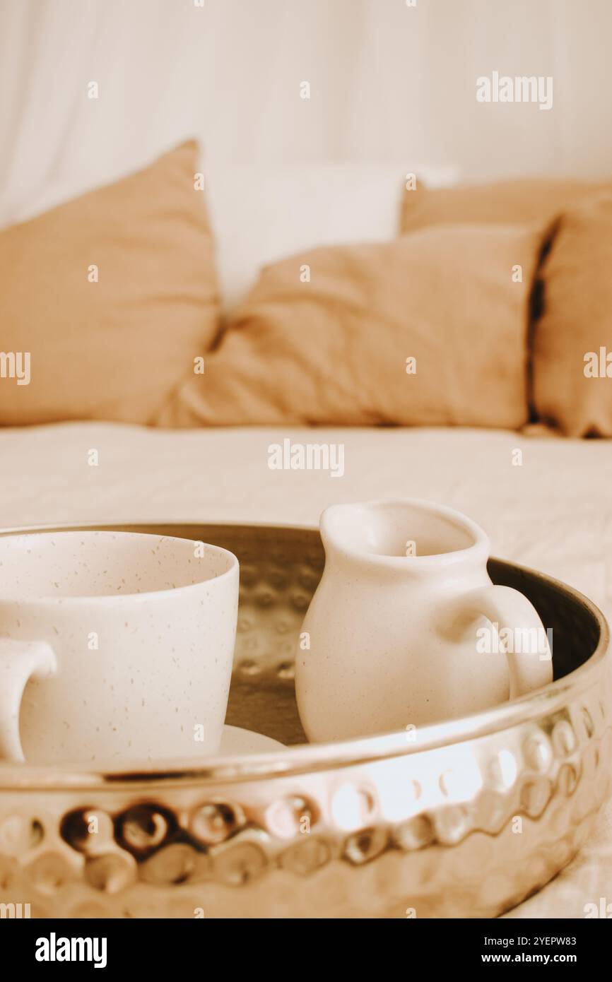 tray with dishes on the bed Stock Photo