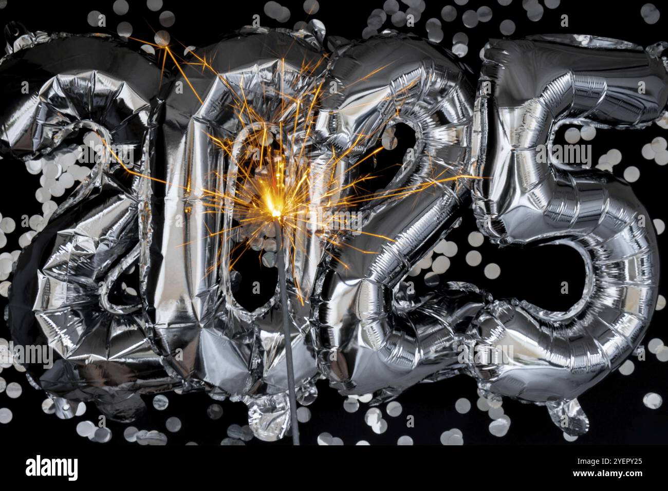 Happy new year 2025 metallic balloons with confetti and sparkler ...