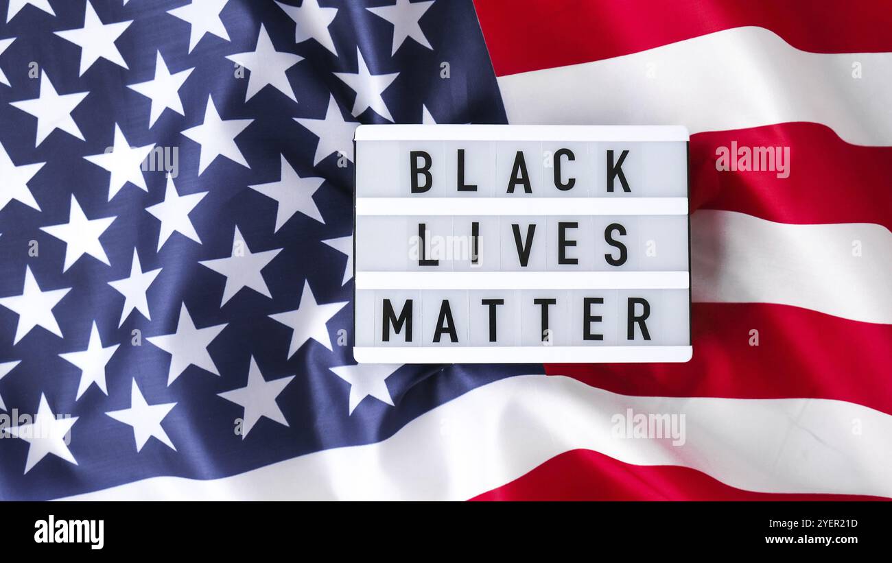 American flag. Lightbox with text BLACK LIVES MATTER Flag of the united states of America. July 4th Independence Day. USA patriotism national holiday. Stock Photo