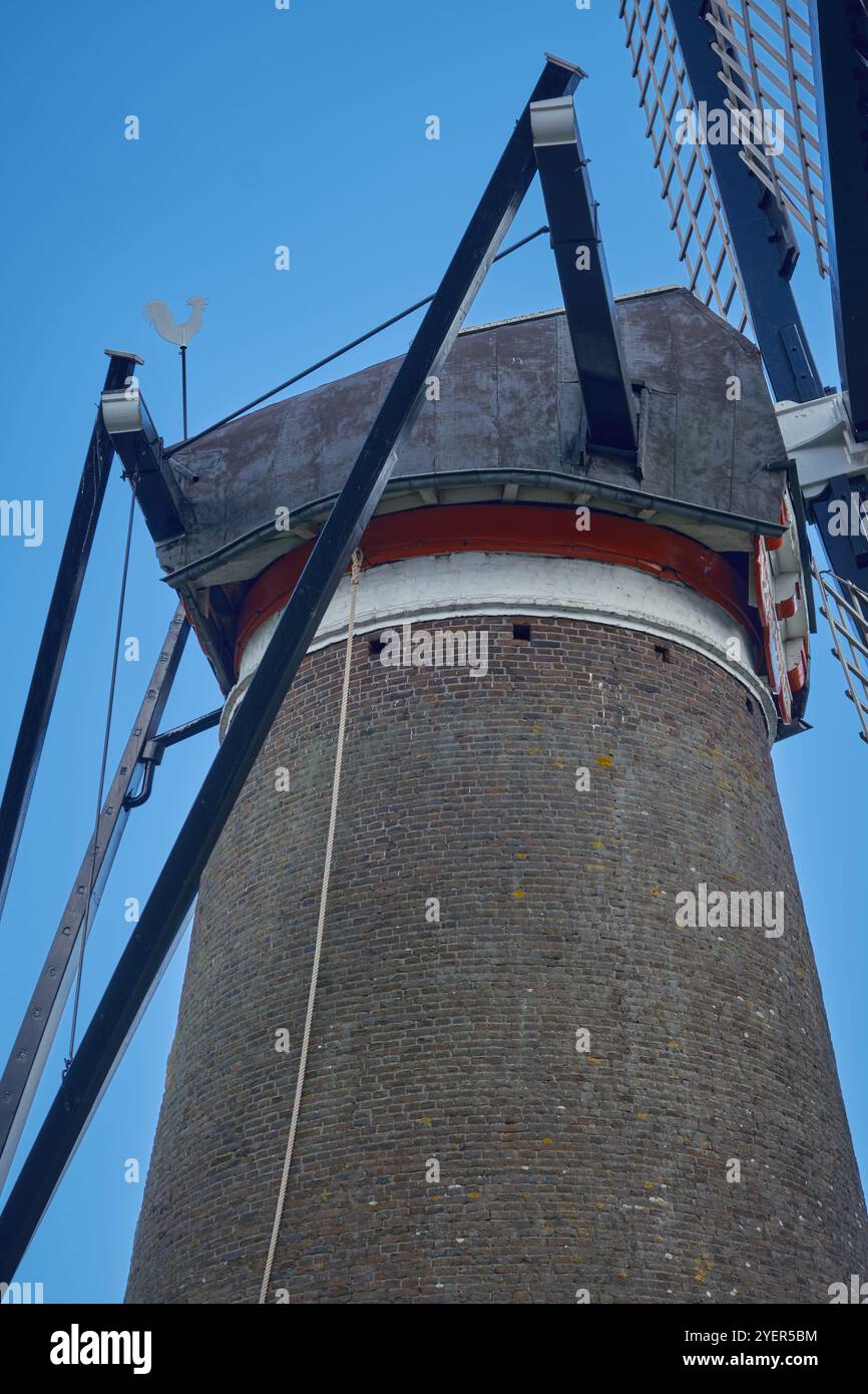 A close up view of the cap of historic windmill de Roosdonck in Nuenen, the town of Vincent van Gogh. Construction to wind the top of the mill. Stock Photo