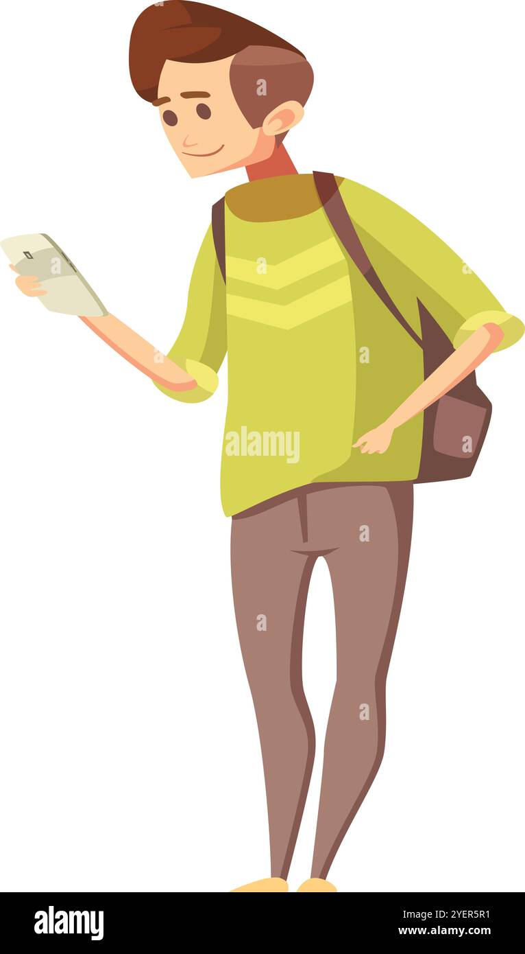 Cheerful Young Man with Backpack in Flat Vector Design Stock Vector
