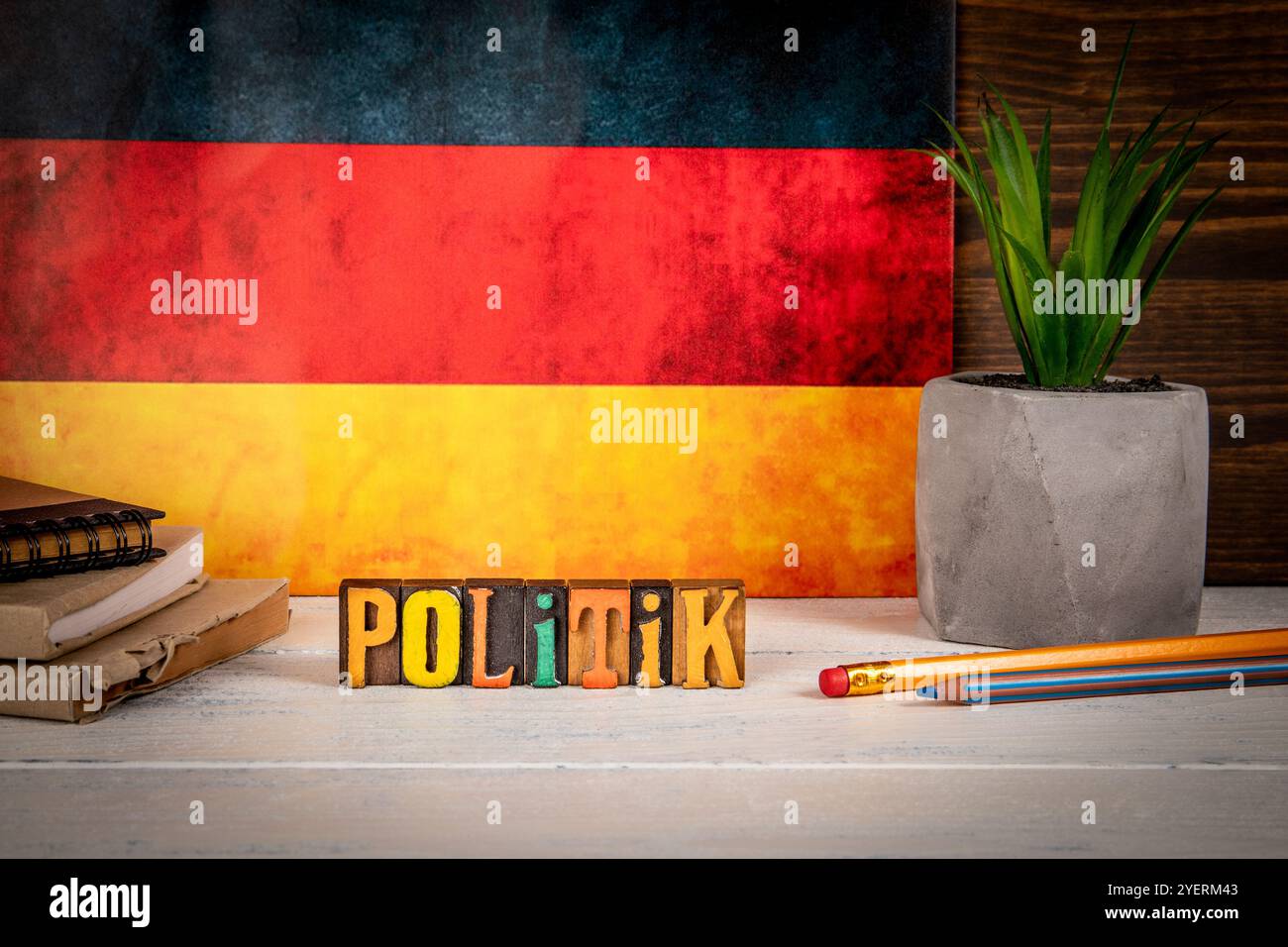 POLICY. Text in German. Alphabet blocks on a white painted wooden ...
