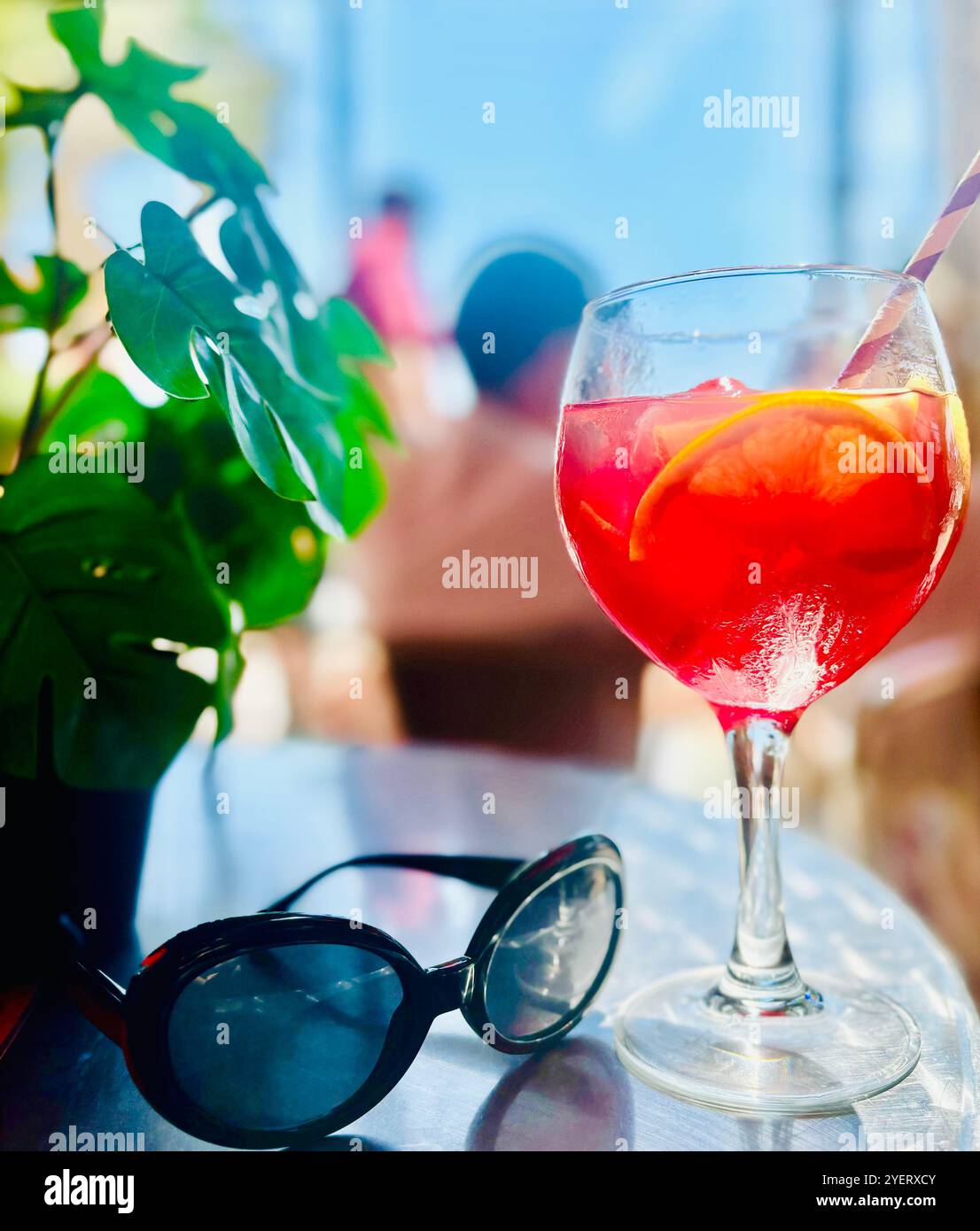 A glass of Sangria on a hot summer day. Sitges, Catalonia, Spain. - Smartphone Captured Stock Image