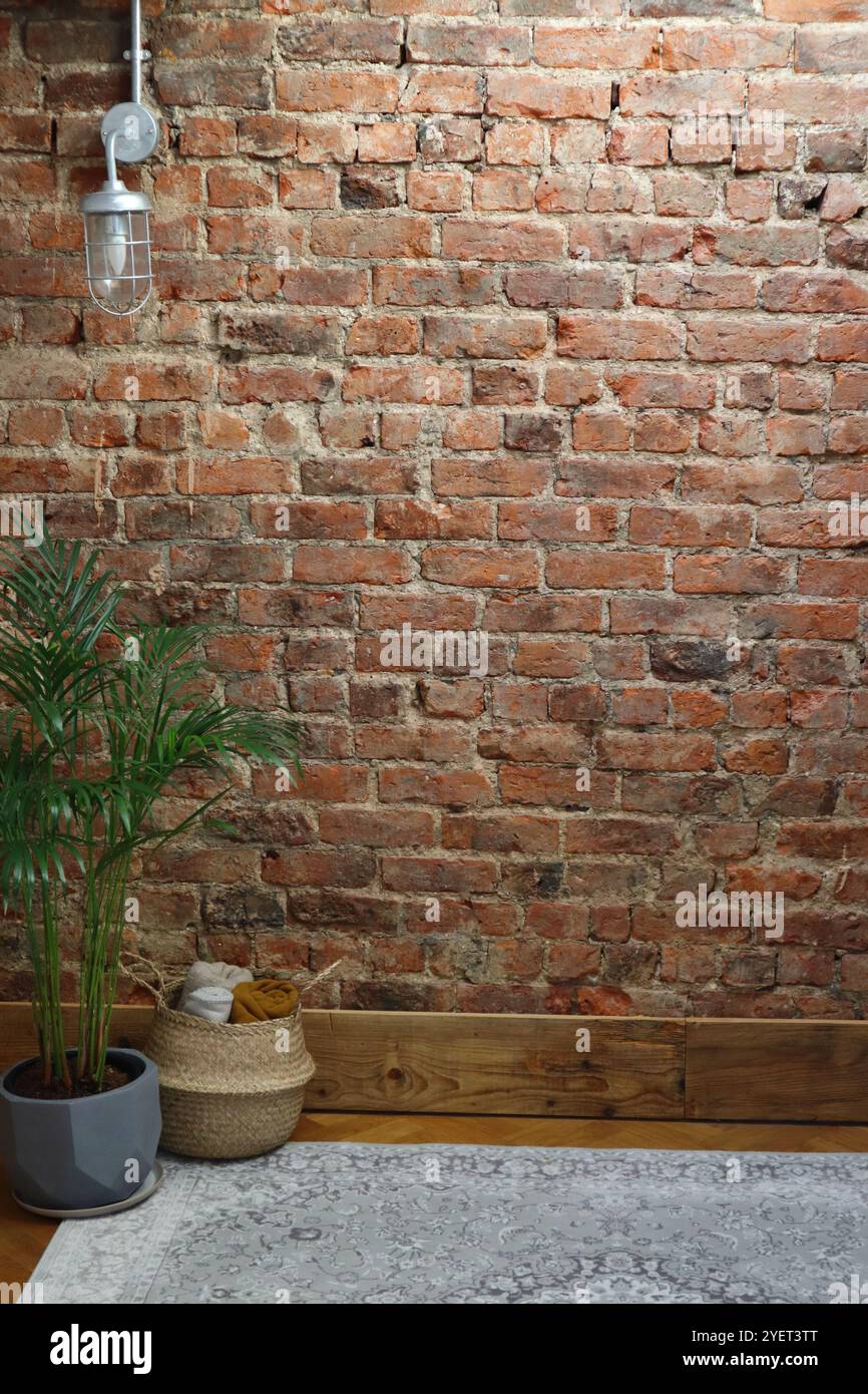 Minimalist Brick Wall Interior with Potted Plant and Wicker Basket ...