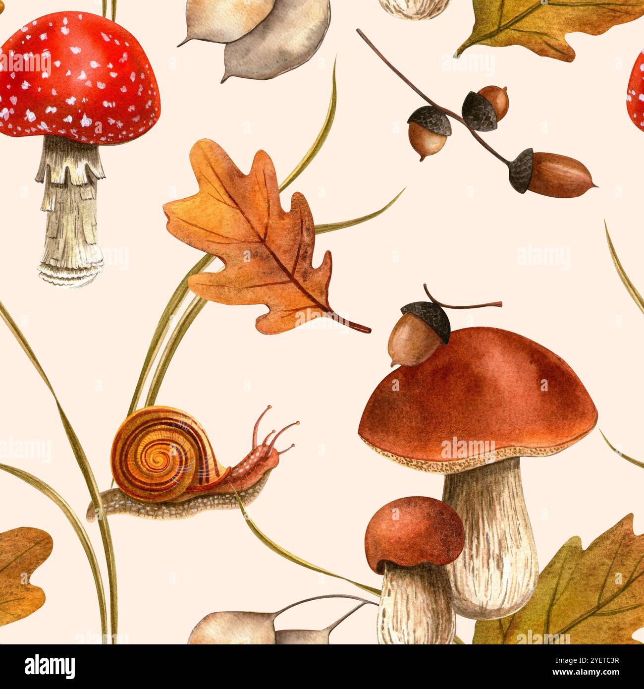 Autumn snail, mushrooms, acorns, leaves print. Fall watercolor seamless pattern with white background for seasonal events, wallpaper, fabric, backgrou Stock Photo