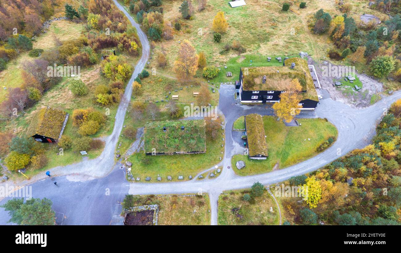 Aerial view of a rural area with buildings featuring green roofs ...
