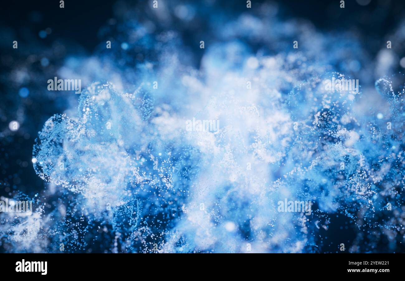 Blue flowing particles with explosive wave effect, 3d rendering. 3D illustration. Stock Photo