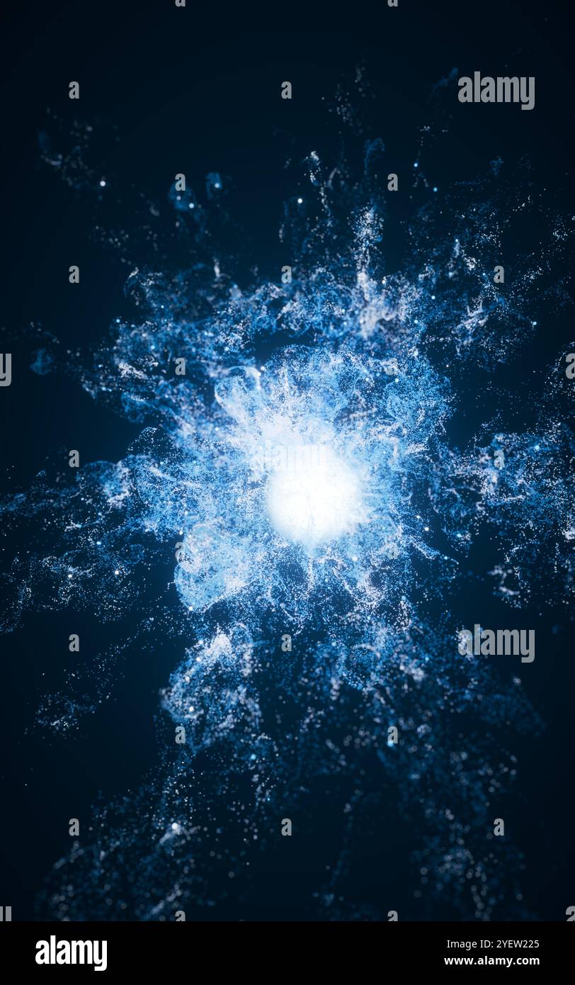 Blue flowing particles with explosive wave effect, 3d rendering. 3D illustration. Stock Photo