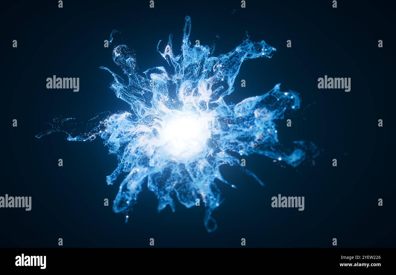 Blue flowing particles with explosive wave effect, 3d rendering. 3D illustration. Stock Photo