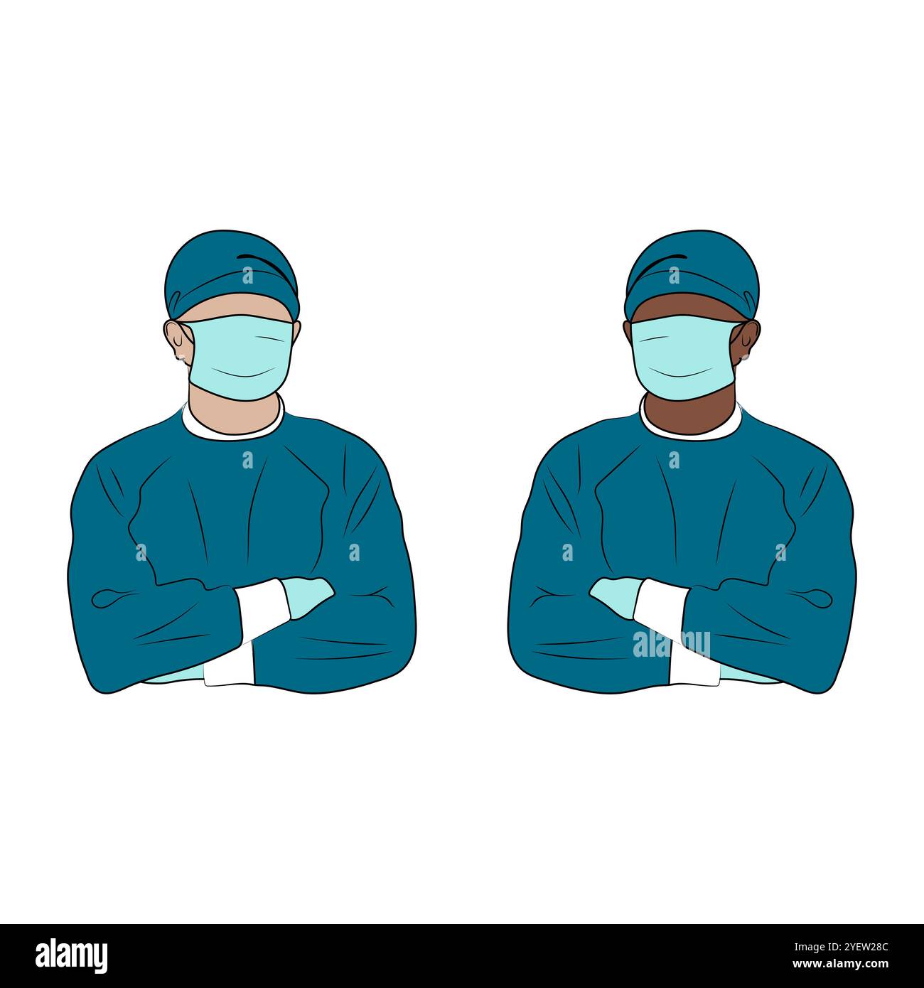 Doctor standing with crossed arms. Line art. Surgeon in gloves, mask and uniform. Hand drawn vector illustration. Stock Vector