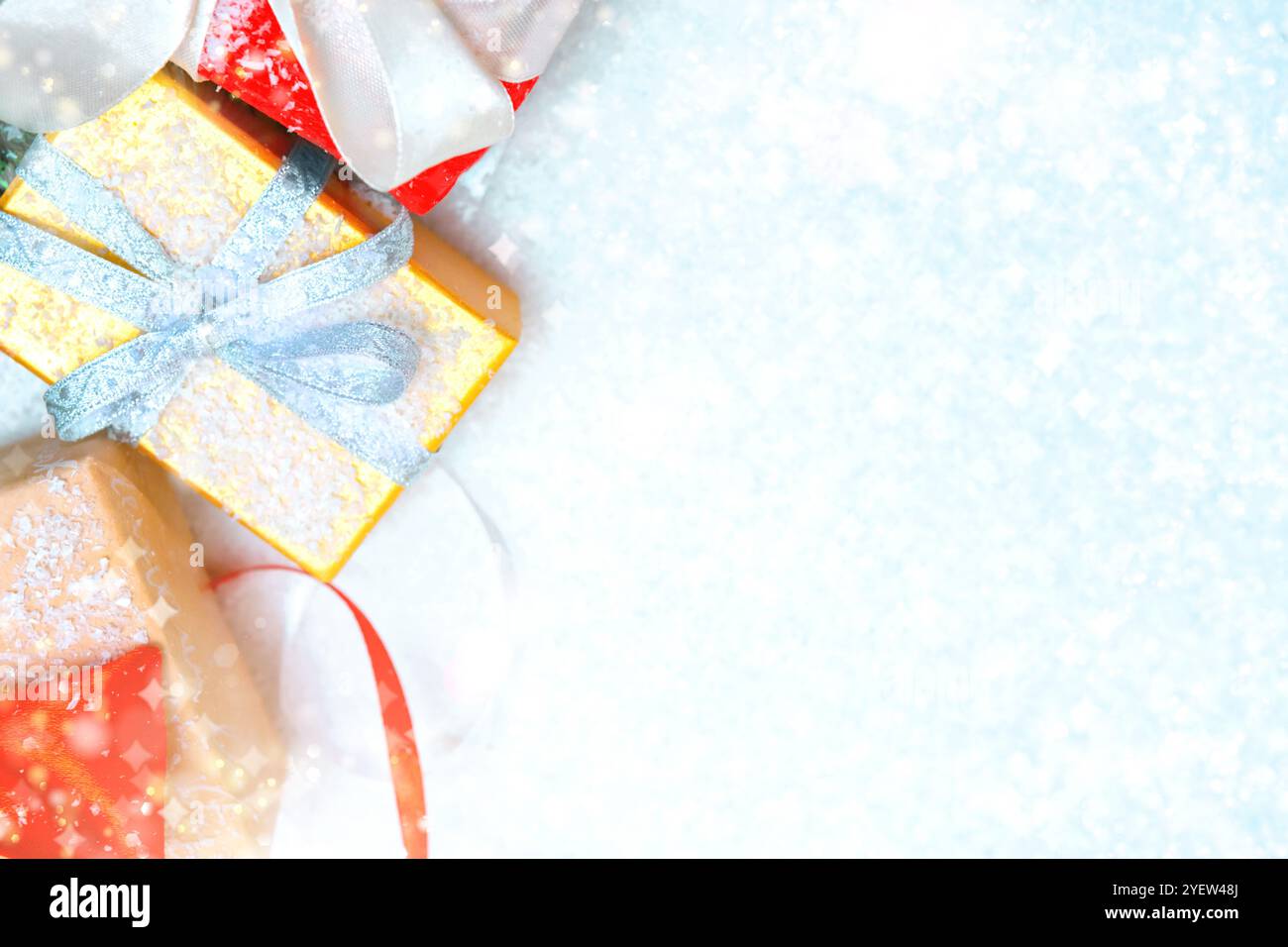white Christmas snowy background with gifts, place for text Stock Photo ...