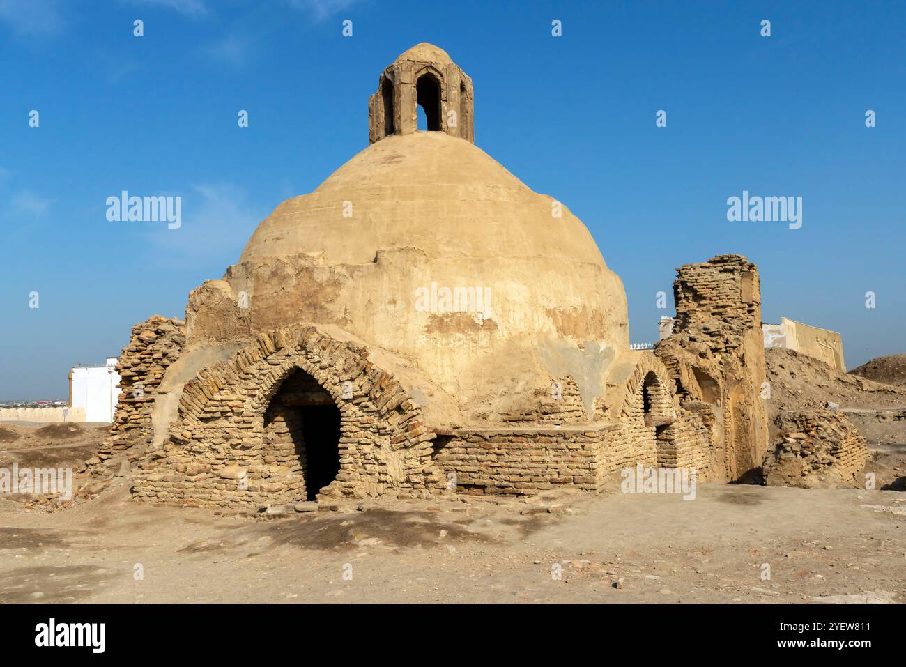 Ruins of a mosque Khanaqah destroyed in the 1920 bombing. The Ark of Bukhara is a massive fortress located in the city of Bukhara, Uzbekistan. The Ark Stock Photo