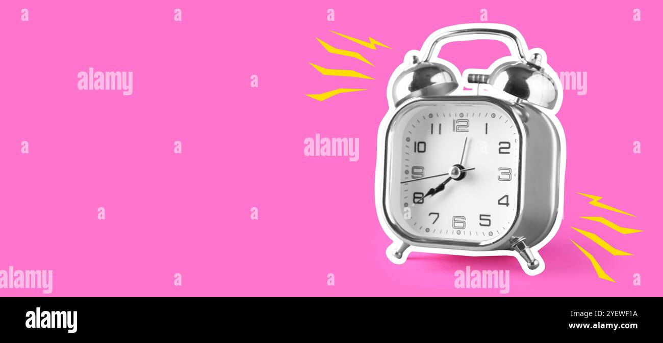 Ringing alarm clock on pink background with space for text Stock Photo ...