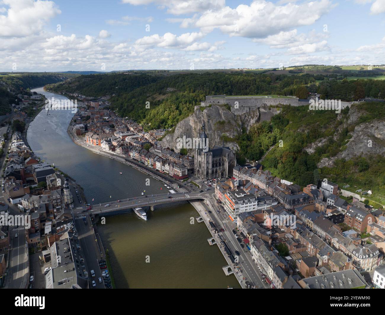 Dinant, Wallonia, Belgium, small city scape river Meuse, aerial drone view. Stock Photo