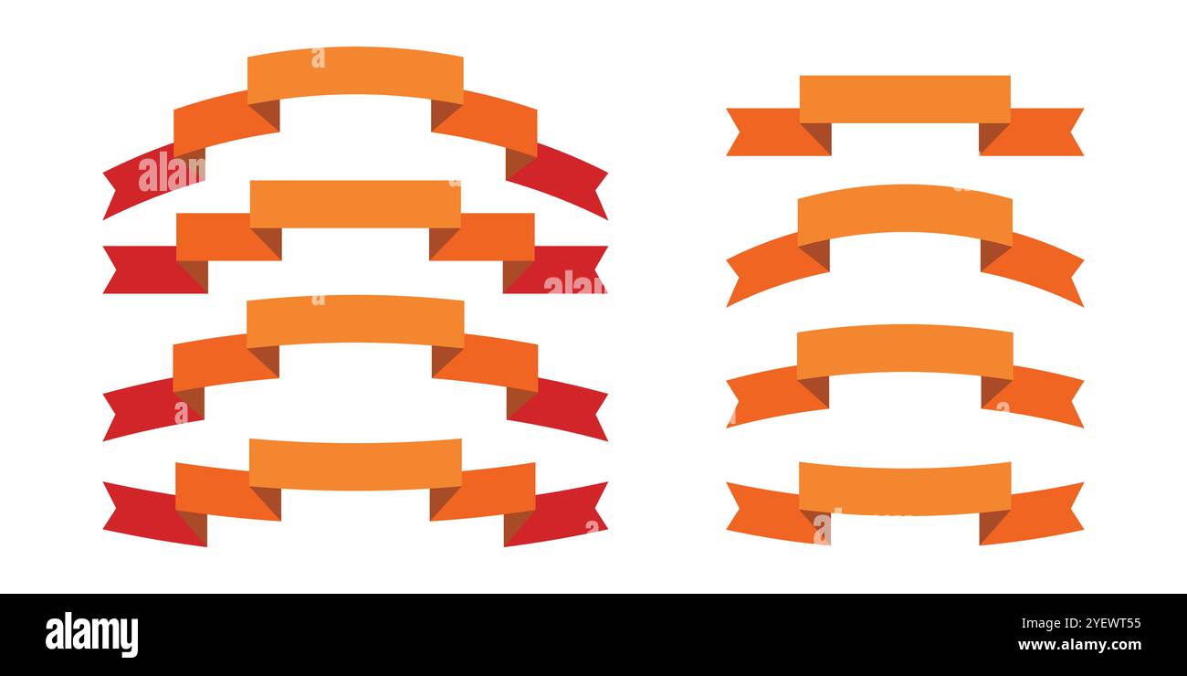 Set of orange flat ribbons isolated on white background. Ribbon banner ...