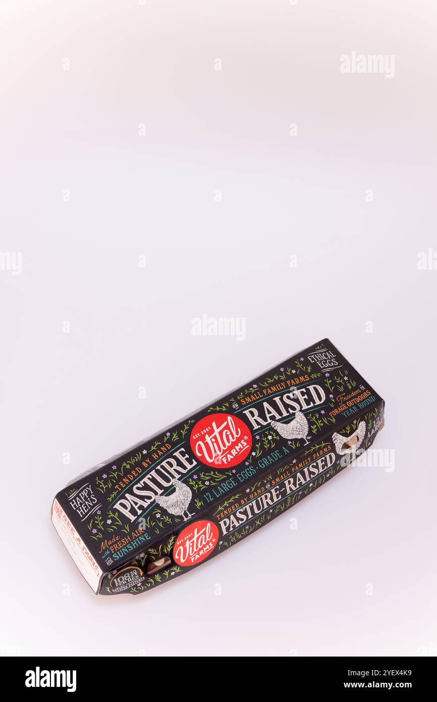 Vital Farms Pasture Raised Eggs in a Carton. Stock Photo