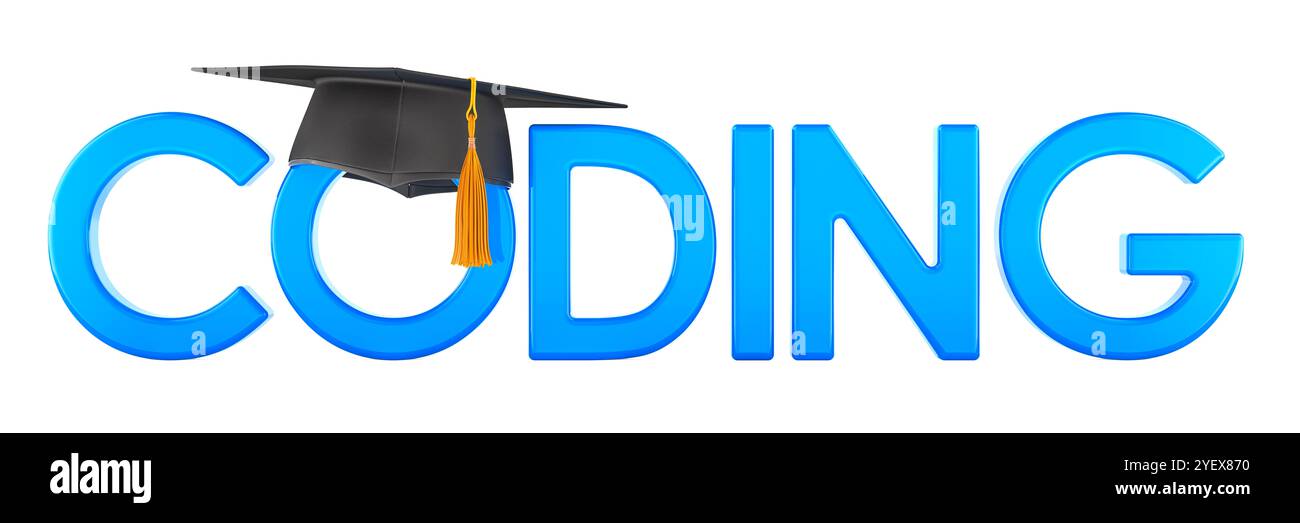 Coding with education hat, 3D rendering isolated on white background Stock Photo