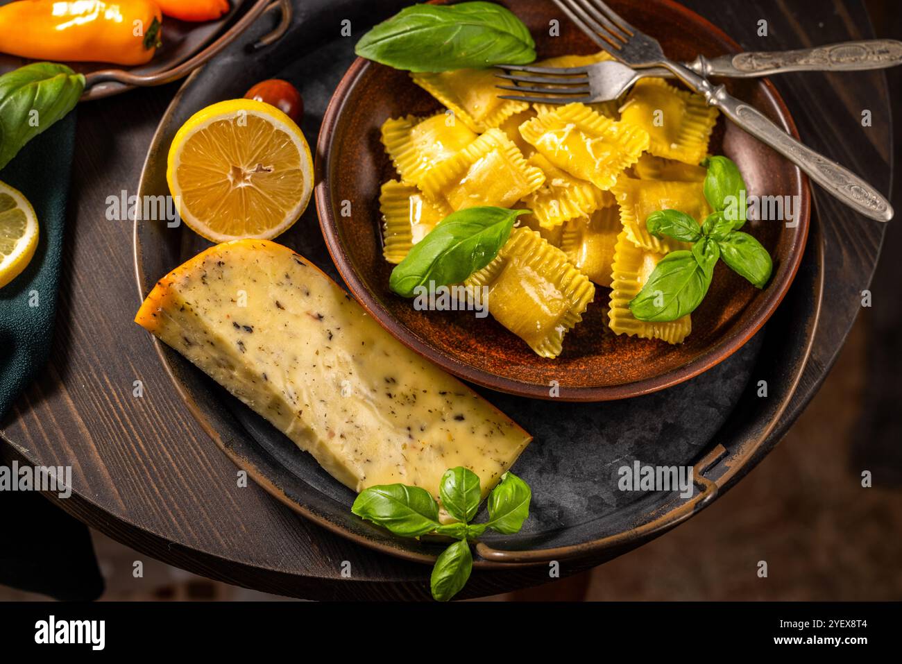 Photo inspiration: Visual Reference: Italian Ravioli Pasta With Melted Butter Basil And A Side
