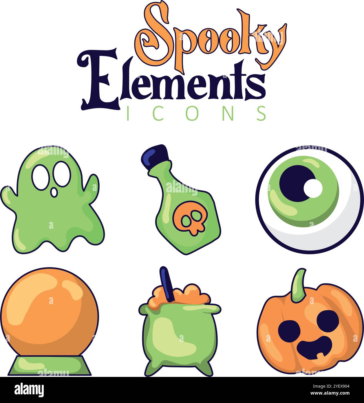 Halloween spooky cartoon icons with ghost and potion Vector Stock ...