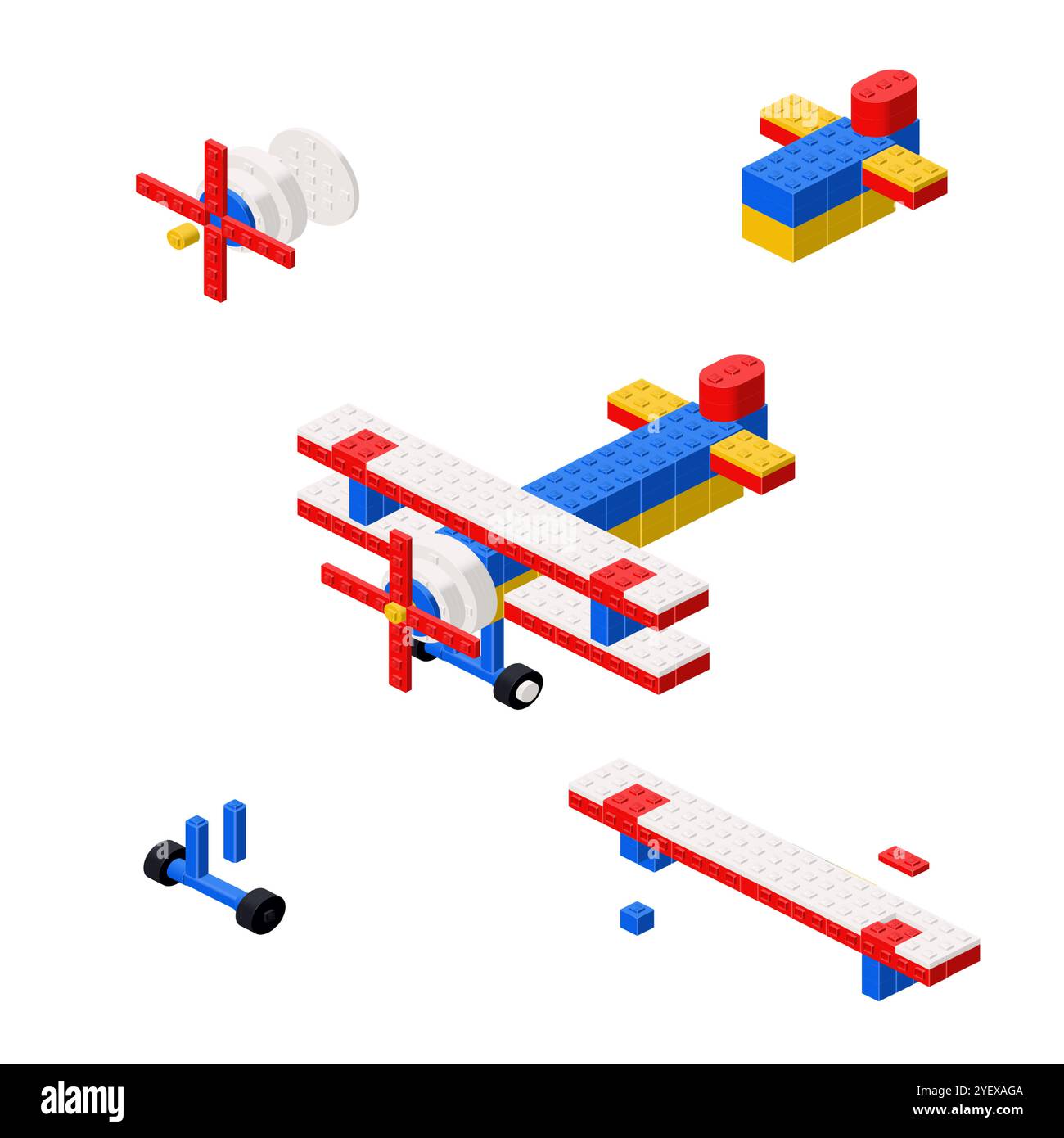 Concept with deconstruction biplane from plastic blocks. Vector illustration Stock Vector