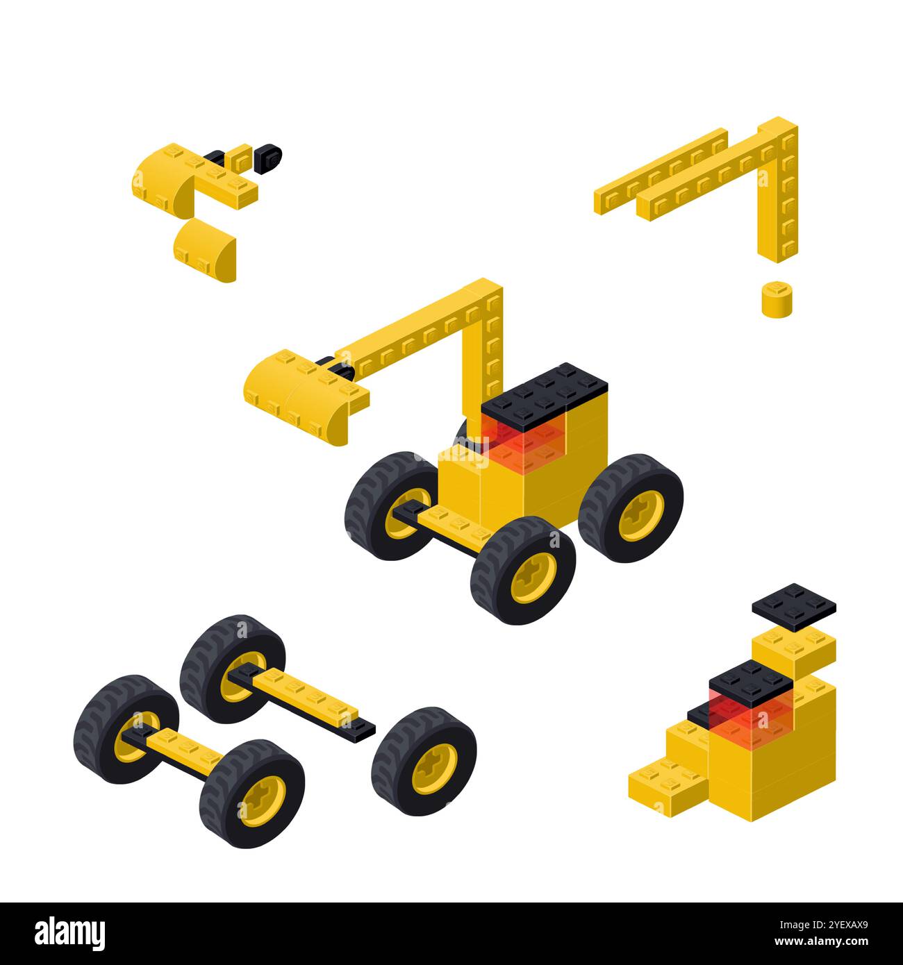 Concept with deconstruction Excavator from plastic blocks. Vector illustration Stock Vector