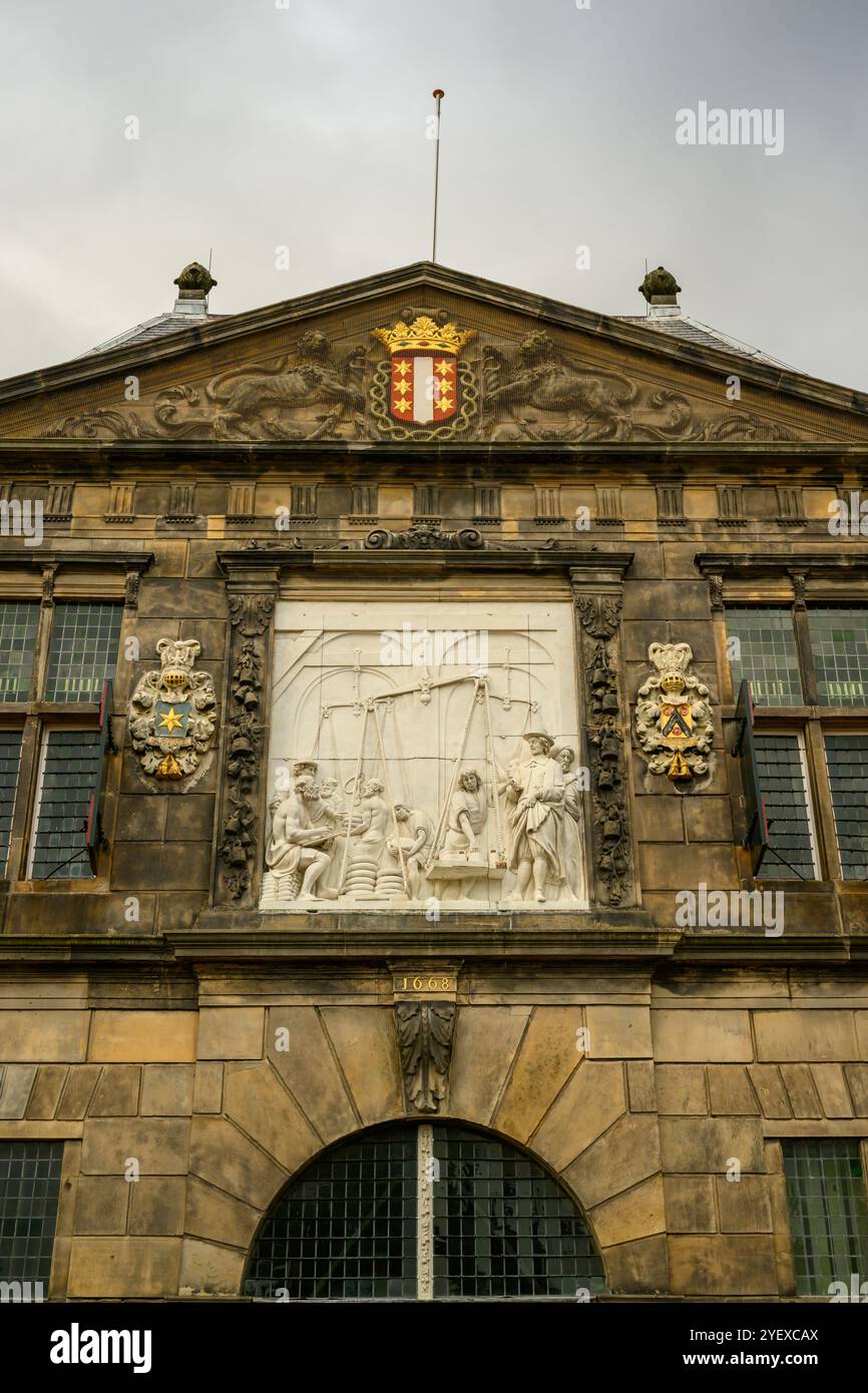 A close-up of the front of the Gouda Cheese Museum (former weighing house) Gouda, The Netherlands Stock Photo