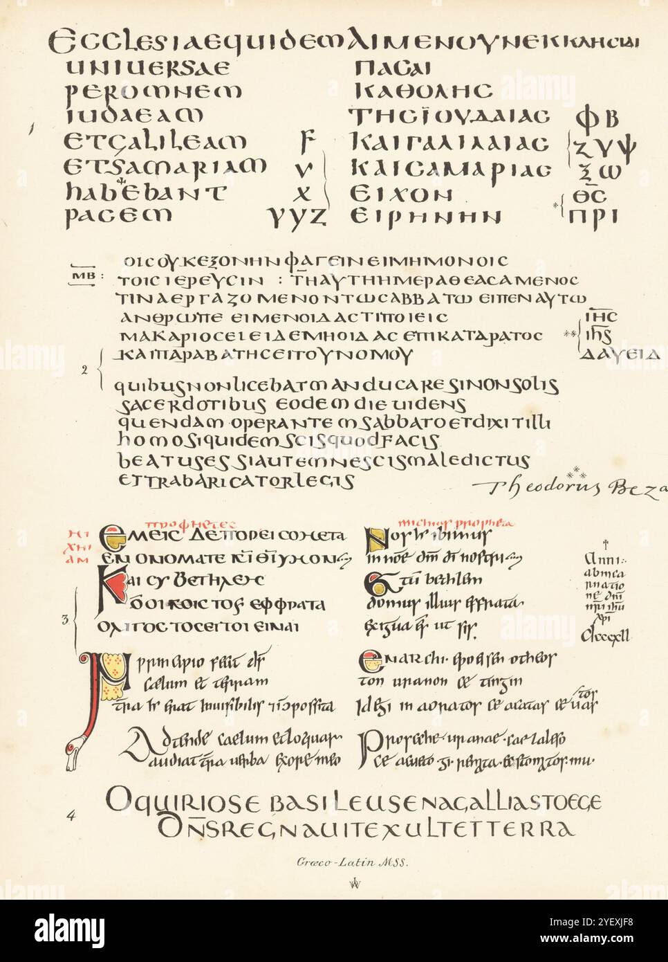 Greco-Latin ante-Hieronymian manuscripts. Text from Acts of the Apostles 1, text and Theodorus Beza's autograph from Codex Bezae 2, illuminated initials from a Bodleian Codex 3, and the Psalter of Verona 4. Chromolithograph after an illustration by John Obadiah Westwood from his own Palaeographia Sacra Pictoria, being a series of Illustrations of the Ancient Versions of the Bible, copied from Illuminated Manuscripts, William Smith, London, 1843. Stock Photo