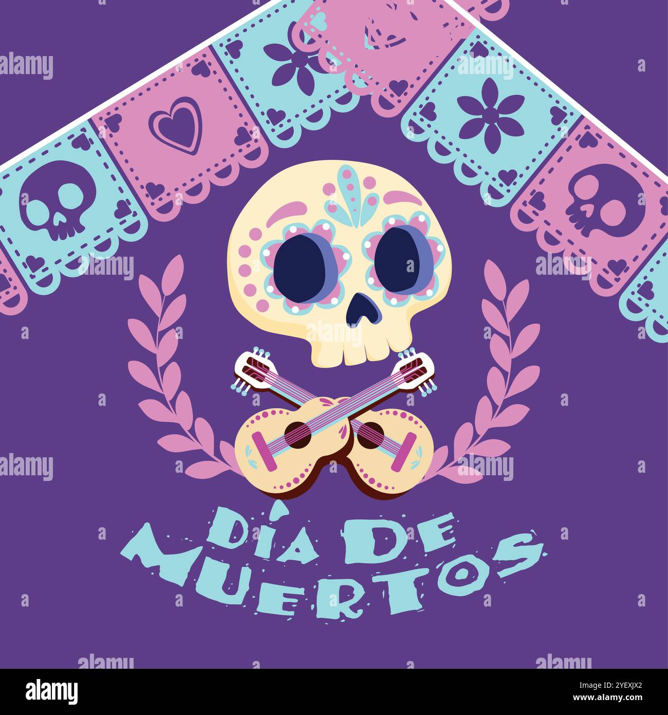 Day of the Dead skull with guitars and papel picado, Vector Stock ...