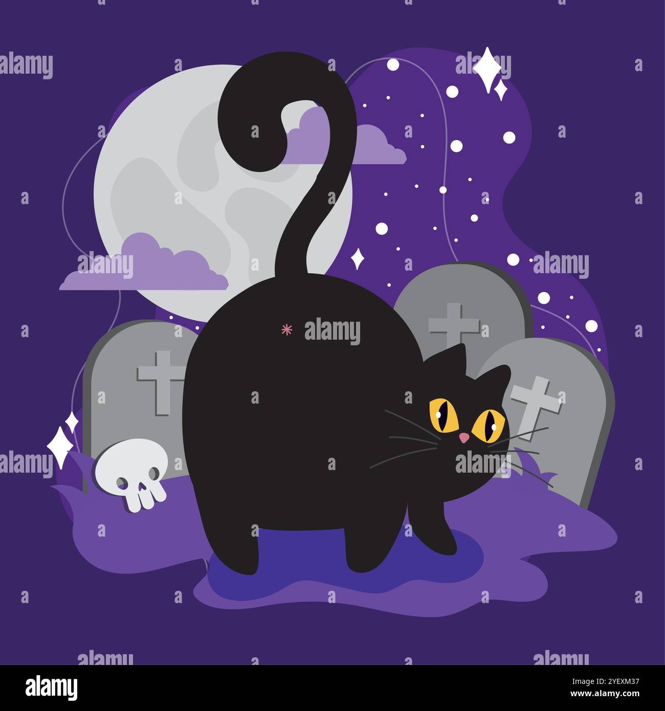 Black cat in graveyard with full moon and skull, Vector Stock Vector
