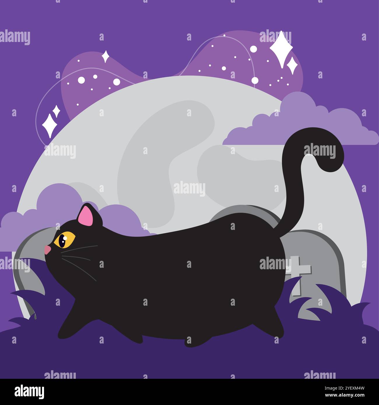 Halloween black cat with full moon and gravestones, Vector Stock Vector ...