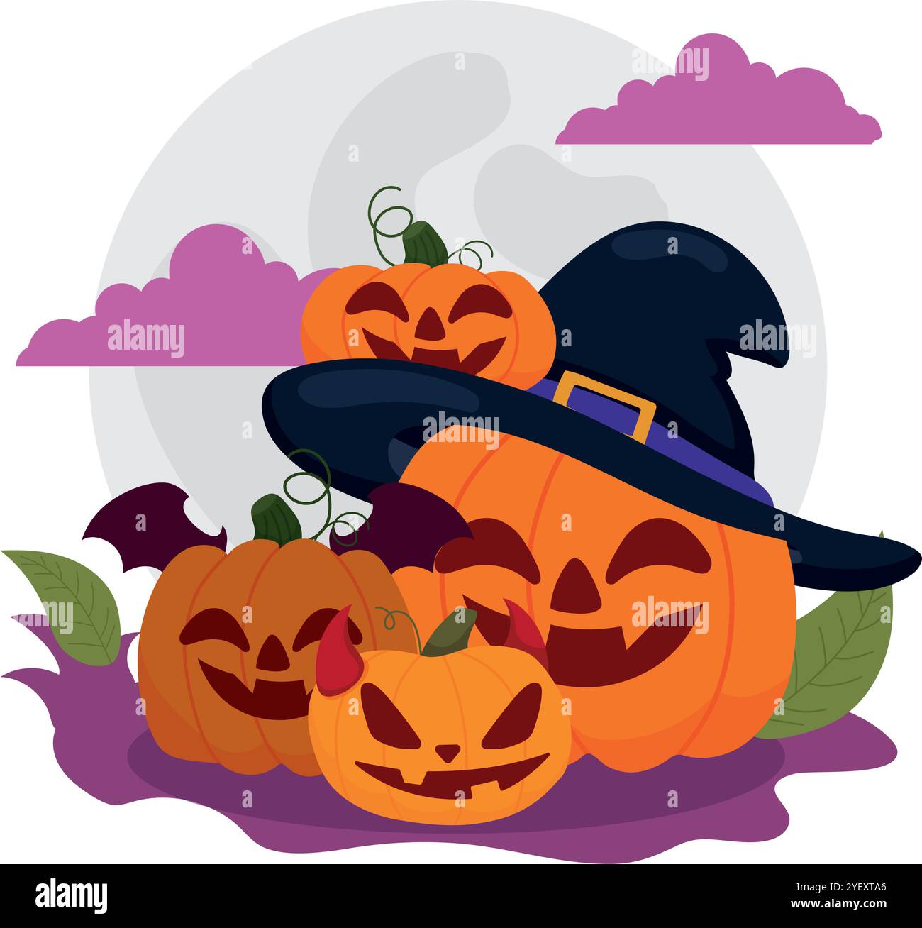 Cute Halloween pumpkins with witch hat and devil horns, Vector Stock ...