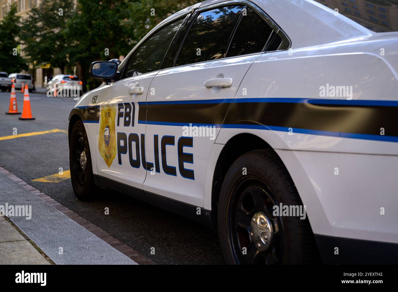 FBI Police car parked in a city street with traffic cones, Washington D.C., USA. Stock Photo