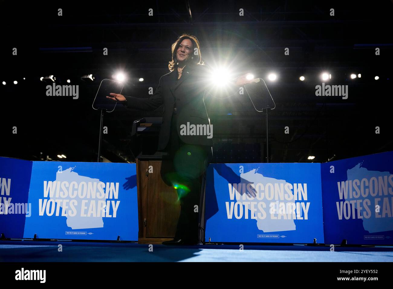 Democratic presidential nominee Vice President Kamala Harris looks out at the crowd during a campaign rally at the Wisconsin State Fair Expo in West Allis, Wis., Friday, Nov. 1, 2024. (AP Photo/Jacquelyn Martin) Stock Photo