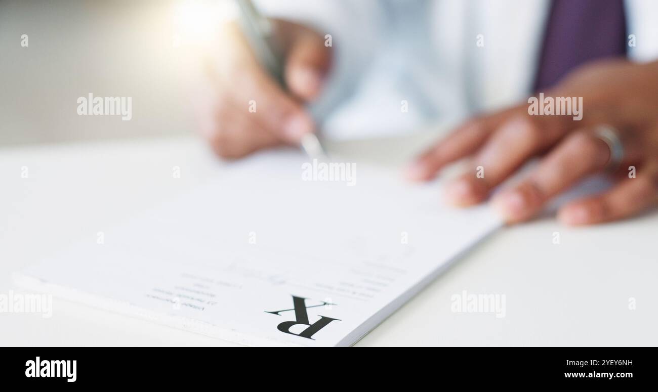 Doctor, hands and writing in hospital for prescription, healthcare and ...