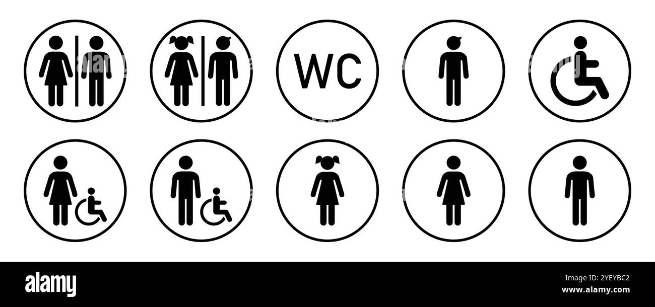 Toilet icons set black color isolated logotype. Man and woman symbol. toilet signs. Wc toilet signs symbol. Woman and man, girl and boy public toilet. Stock Vector