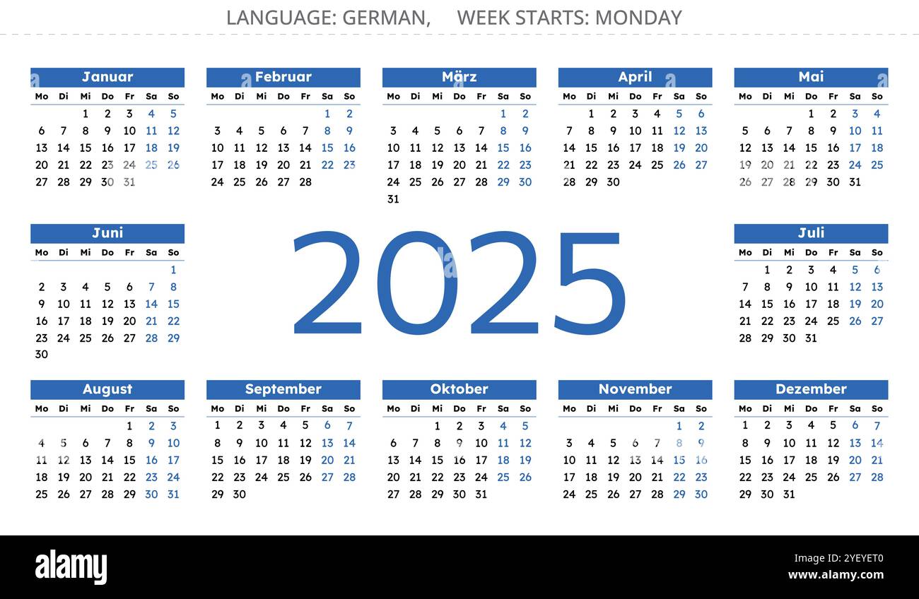  2025 GERMAN calendar - kalender. Vector illustration for Germany with 