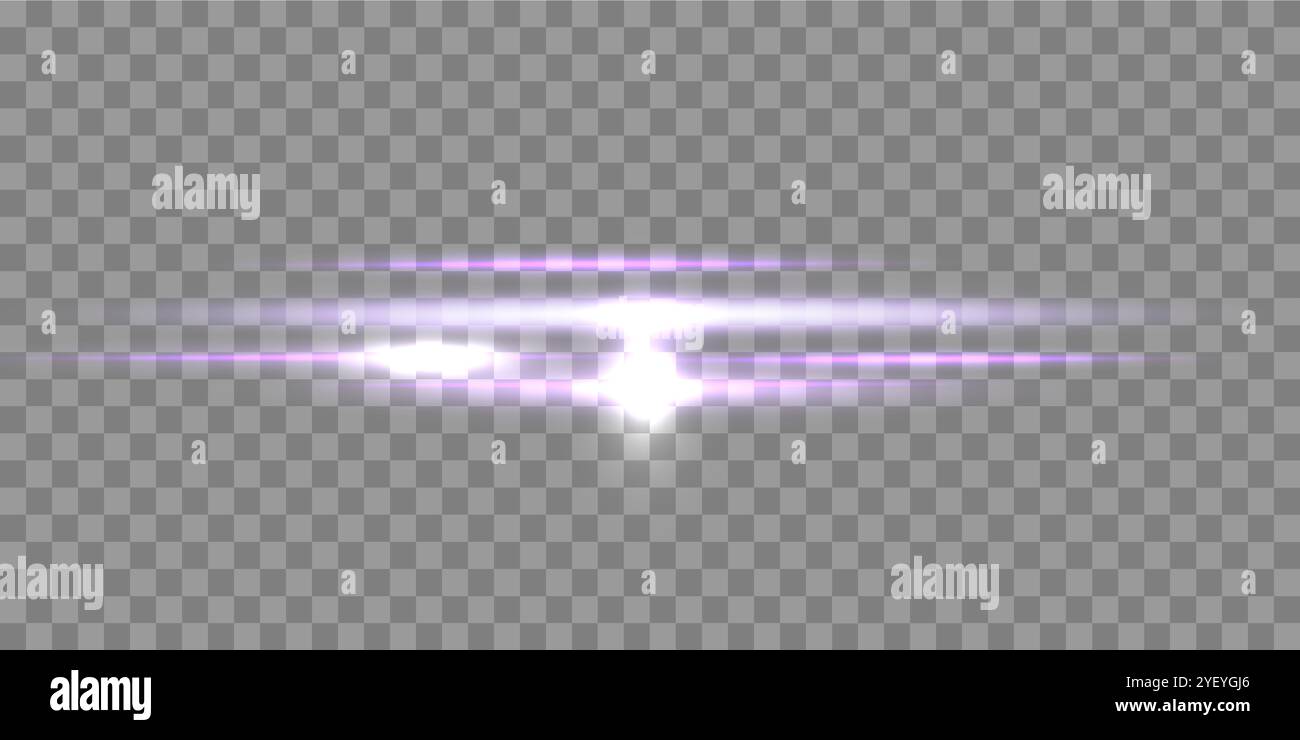 Purple horizontal lensflare and particles. Light flash with rays or ...
