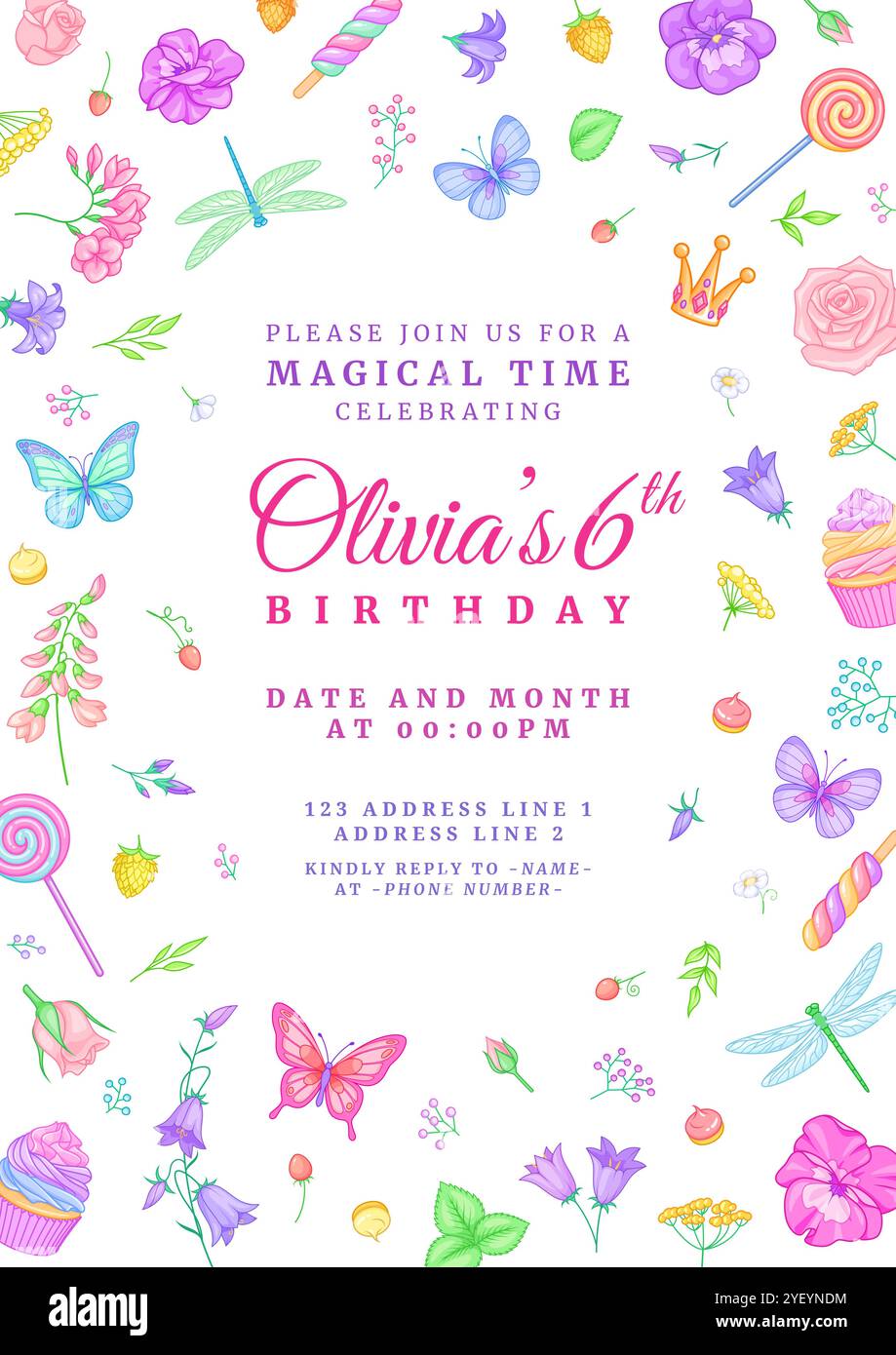 Cute minimal floral party birthday invitation with flowers and butterflies. Vector template on pink background. Stock Vector
