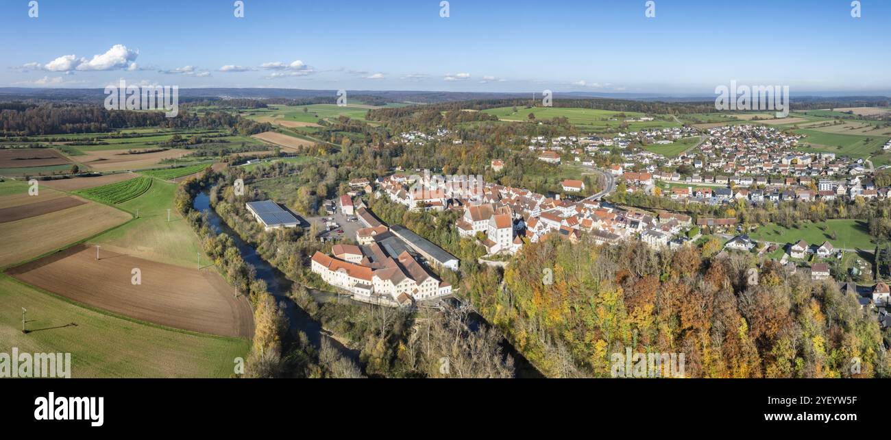 Aerial view, panorama of the village of Scheer with the residential ...