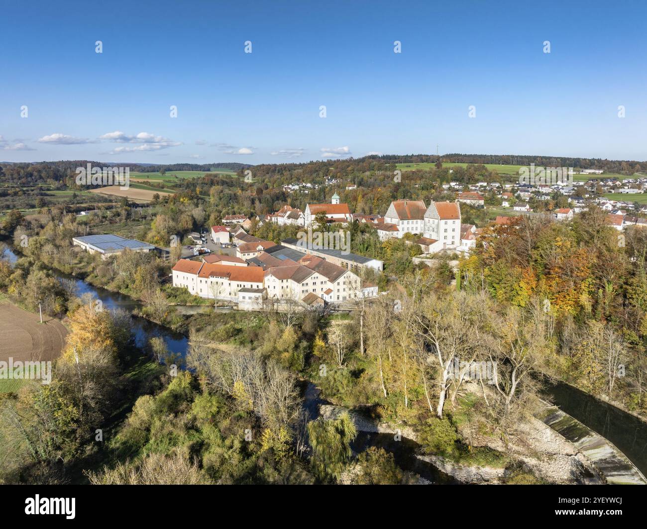 Aerial view of the village of Scheer with the residential palace and ...