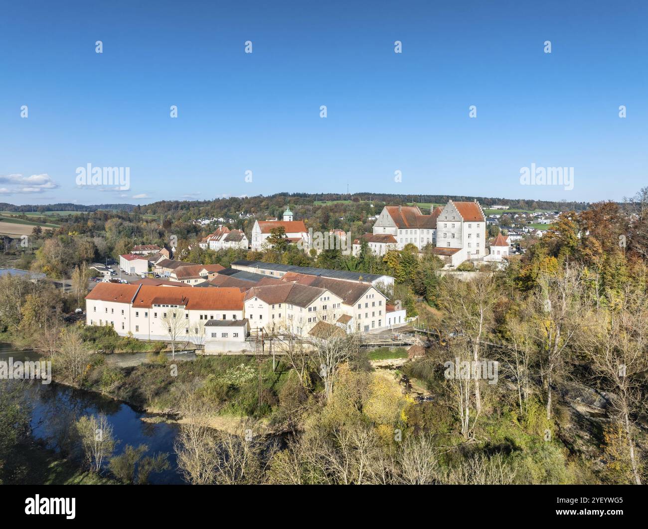 Aerial view of the village of Scheer with the residential palace and ...