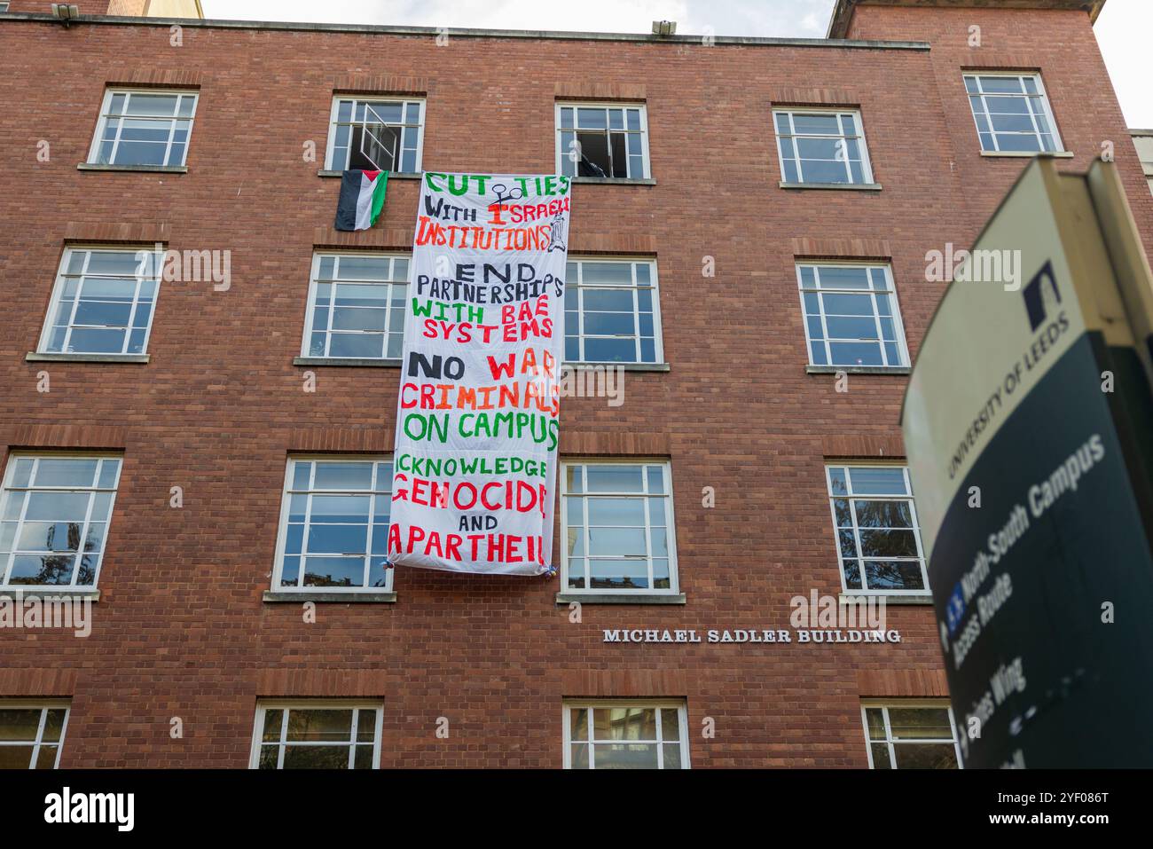 Leeds, UK. 02 Nov, 2024. Students occupy the Michael Sadler building at the University of Leeds, taking over two rooms on the top and bottom of the building, students staged a banner drop on friday with a list of their demands. It is expected the students will attempt to occupy the building for some time. Credit Milo Chandler/Alamy Live News Stock Photo