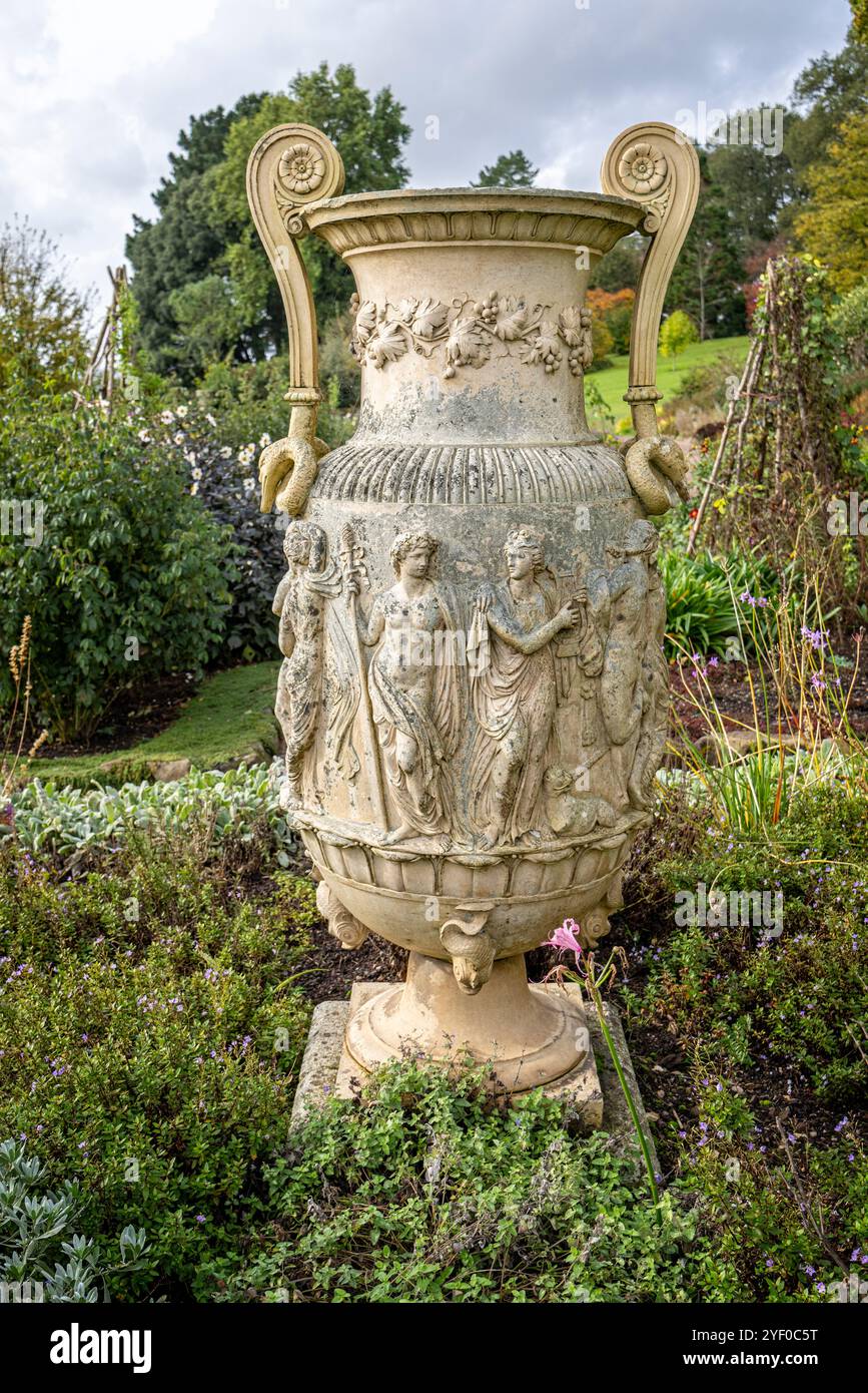 Large grecian style ornate urn in the gardens of Killerton House, near Exeter, Devon, UK on 20 October 2024 Stock Photo