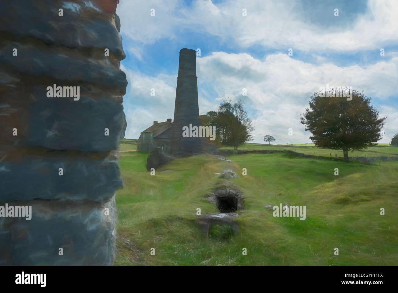 Digital oil painting of Magpie mine. An abandoned lead mine near the village of Sheldon on a bright sunny autumn day in the Derbyshire Peak District, Stock Photo