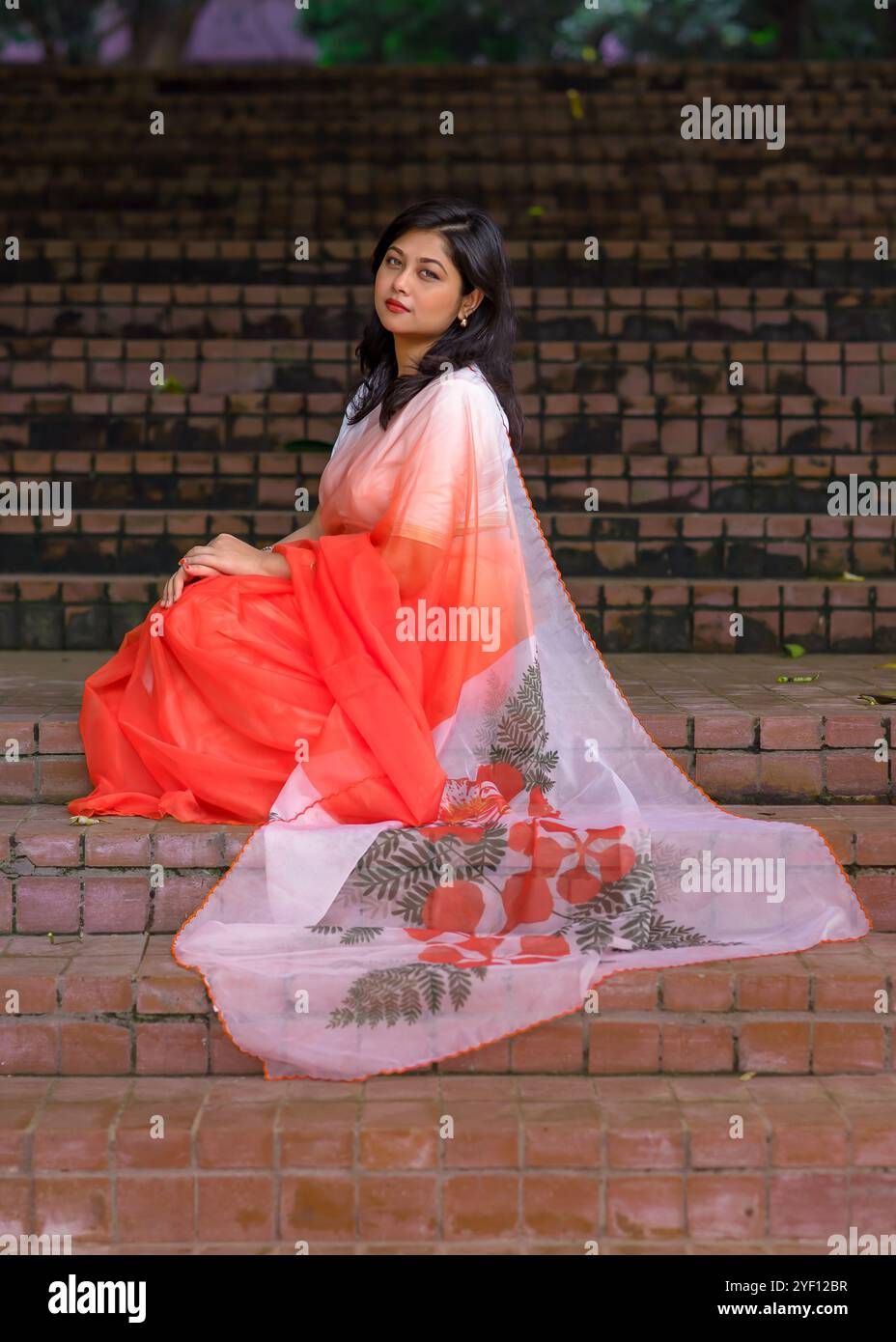 A lady wearing colourful floral saree Stock Photo