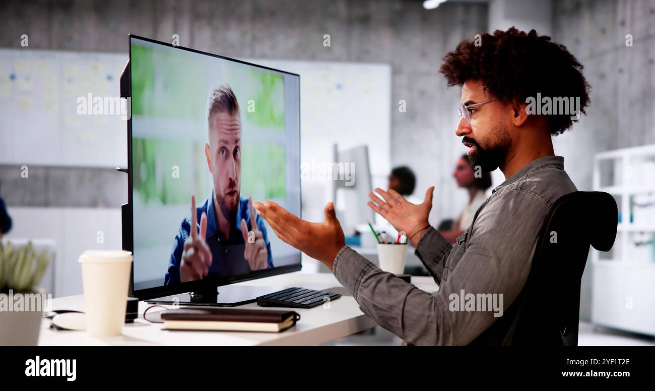 Angry Complaining Business Man In Video Conference Stock Photo - Alamy
