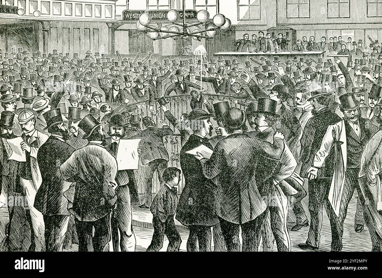 The caption accompanying this late 1900s image reads: 'Scene in New York Stock Exchange during Panic of 1873.' The Panic of 1873 was a financial crisis that began with a stock market crash in Europe and led to an economic depression in North America and Europe. The panic was triggered by a number of factors, including: Railroad expansion, Credit Mobilier Scandal, collapse of Jay Cooke and Company. Stock Photo